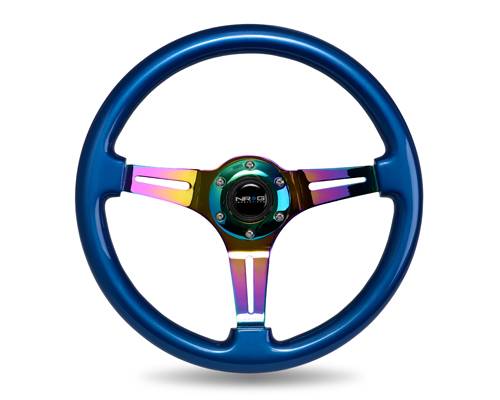 NRG Innovations - NRG Innovations Classic Wood Grain Wheel, 350mm, Blue colored wood, 3 spoke center in Neochrome