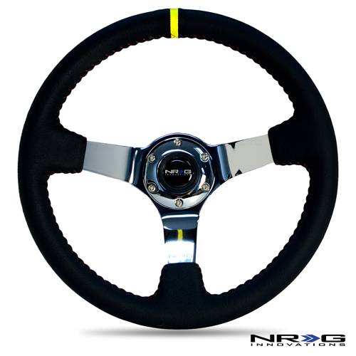 NRG Innovations - NRG Innovations 350mm Sport Steering Wheel (3" Deep) - Black Leather w/ Red Baseball Stitching - Chrome Center ST-036CH