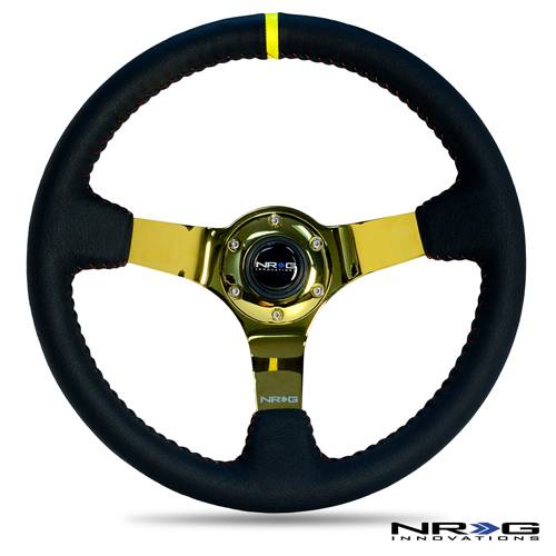 NRG Innovations - NRG Innovations 350mm Sport Steering wheel (3" Deep) - Black Leather w/ Red Baseball Stitching - Gold Center