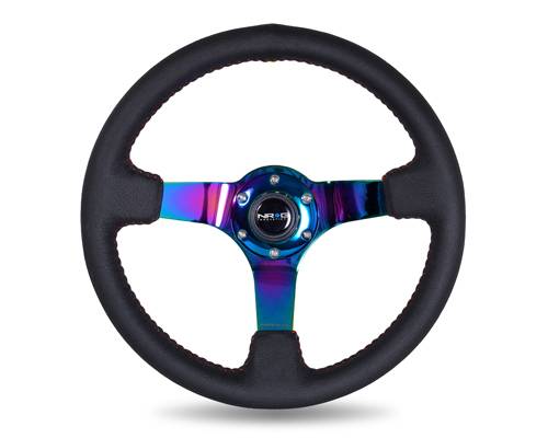 NRG Innovations - NRG Innovations 350mm Sport Steering Wheel (3" Deep) - Black Leather w/ Red Baseball Stitching - Neochrome Center