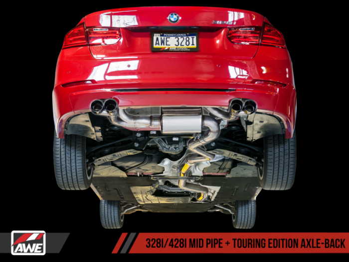 AWE Tuning - AWE Tuning BMW F3X N20/N26 328i/428i Touring Edition Exhaust Quad Outlet - 80mm Chrome Silver Tips 3010-42042