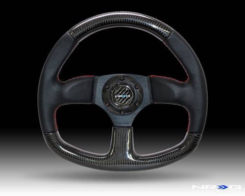 NRG Innovations - NRG Innovations 320mm Flat Bottom Carbon Fiber Steering Wheel - Red Stitching