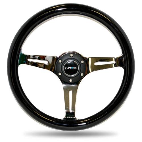 NRG Innovations - NRG Innovations 350mm Classic Wood Grain Steering Wheel - Black w/ Chrome Spokes