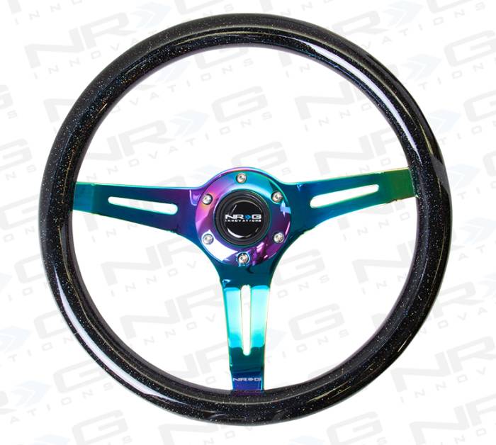 NRG Innovations - NRG Innovations 350mm Classic Wood Grain Steering Wheel - Black Sparkled w/ Neochrome Spokes