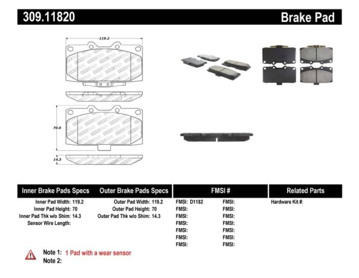 StopTech - Sprt Brk Pad W/Hdwr 309.11820