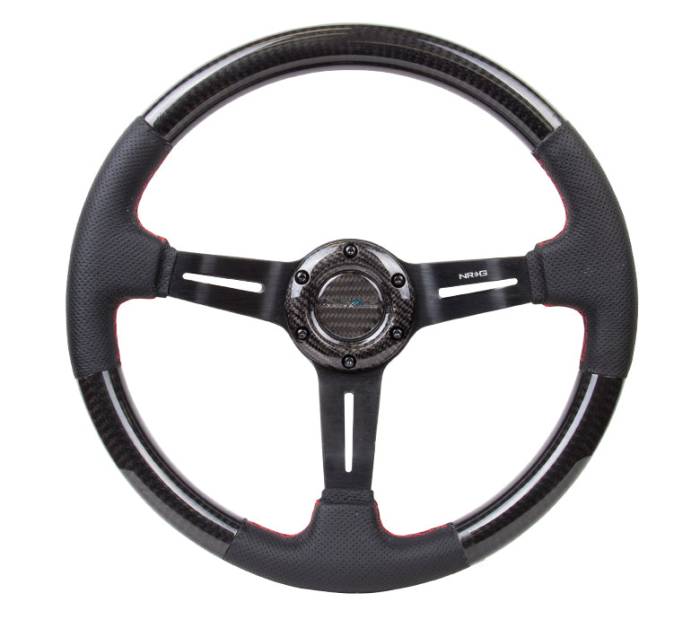 NRG Innovations - NRG Innovations CARBON FIBER STEERING WHEEL W/ LEATHER ACCENT 350mm 1.5" DEEP RED STICHING