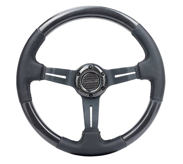 NRG Innovations - NRG Innovations CARBON FIBER STEERING WHEEL W/ LEATHER ACCENT 350mm 1.5" DEEP BLACK STICHING