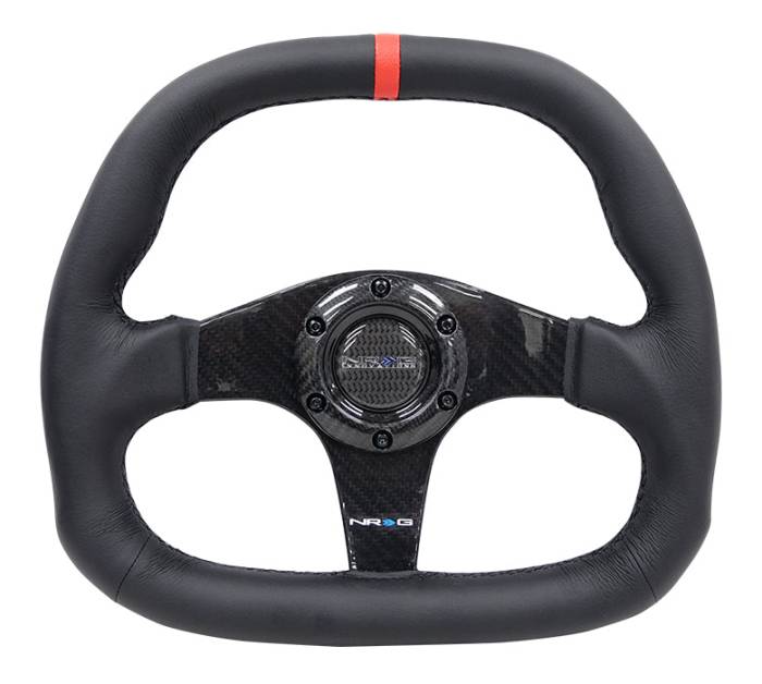 NRG Innovations - NRG Innovations CARBON FIBER STEERING WHEEL 320mm BLACK CARBON FIBER center W/ BLACK STITCH RED Stripe FLAT BOTTOM