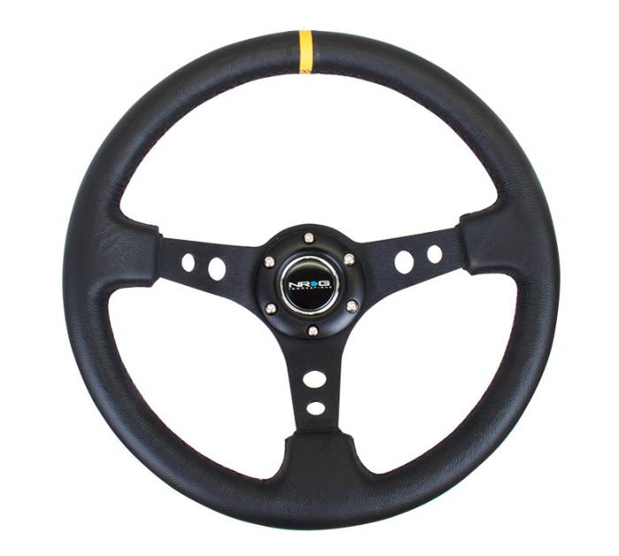 NRG Innovations - NRG Innovations 350mm Steering Wheel (3" Deep) - Black Spoke w/ Black Leather / Yellow Stripe