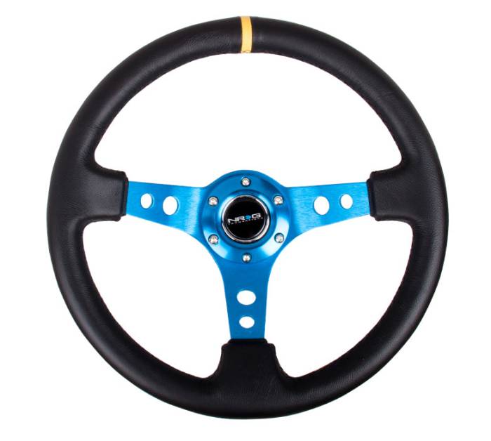 NRG Innovations - NRG Innovations 350mm Steering Wheel (3" Deep) - Blue Spoke w/ Black Leather and Yellow Stripe