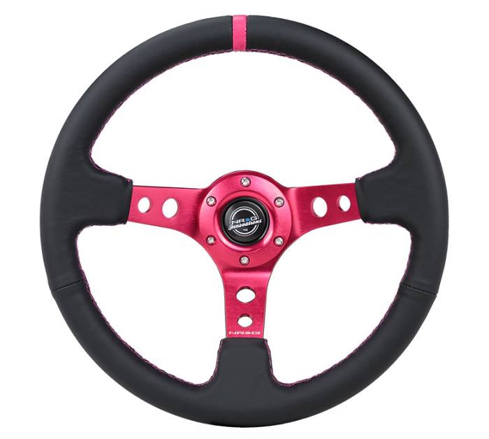 NRG Innovations - NRG Innovations 350mm Steering Wheel (3" Deep) - Fushia Spoke w/ Black Leather and Fushia Stripe
