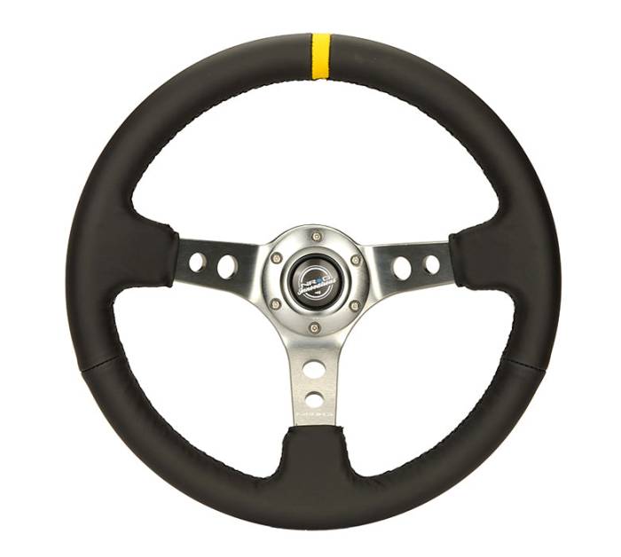 NRG Innovations - NRG Innovations 350mm Steering Wheel (3" Deep) - GunMetal Spoke w/ Black Leather and Yellow Stripe