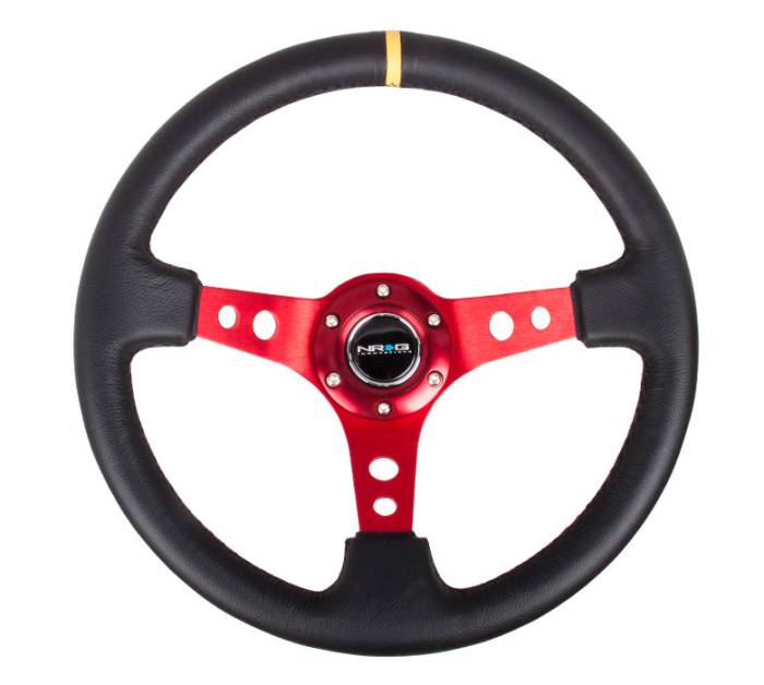 NRG Innovations - NRG Innovations 350mm Steering Wheel (3" Deep) - Red Spoke w/ Black Leather and Yellow Stripe