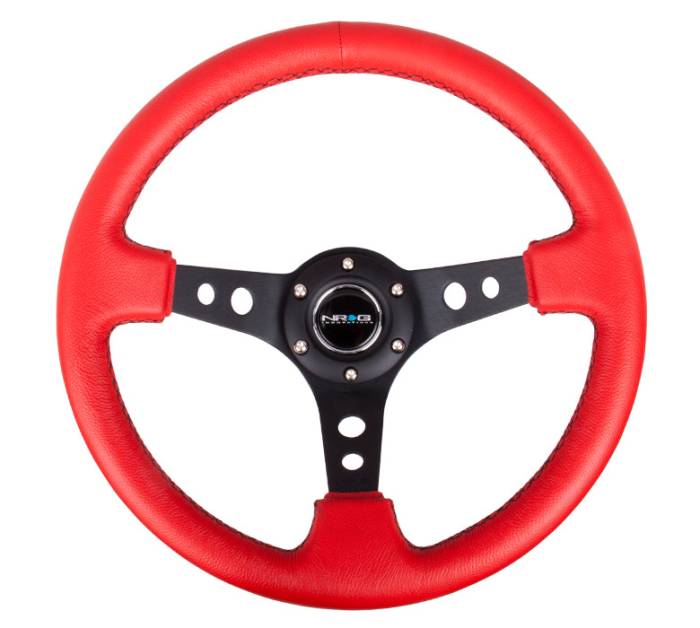 NRG Innovations - NRG Innovations 350mm Steering Wheel (3" Deep) - Black Spoke w/ Red Leather