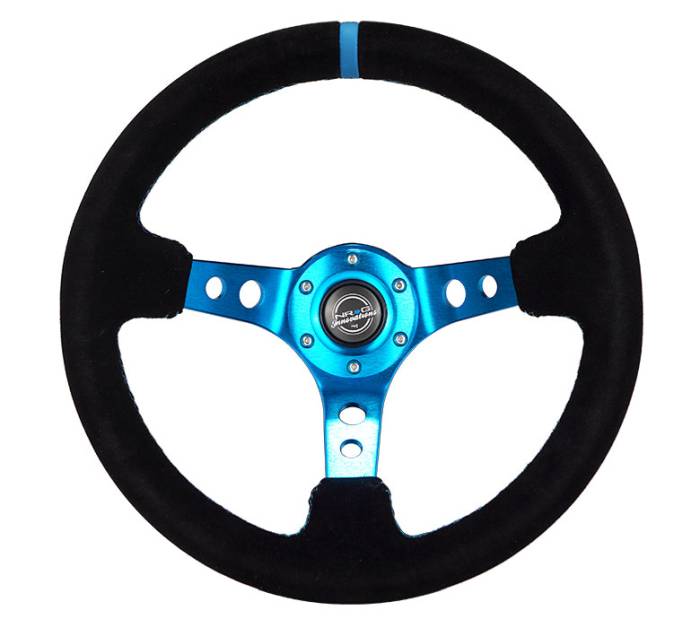 NRG Innovations - NRG Innovations 350mm Steering Wheel (3" Deep) - Blue Spoke w/ Black Suede and Blue Stripe