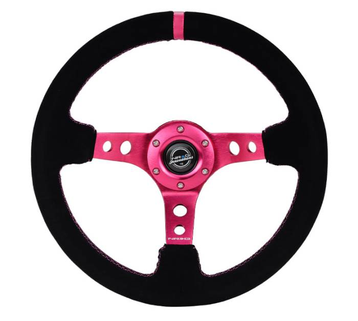 NRG Innovations - NRG Innovations 350mm Steering Wheel (3" Deep) - Fushia Spoke w/ Black Suede and Fushia Stripe