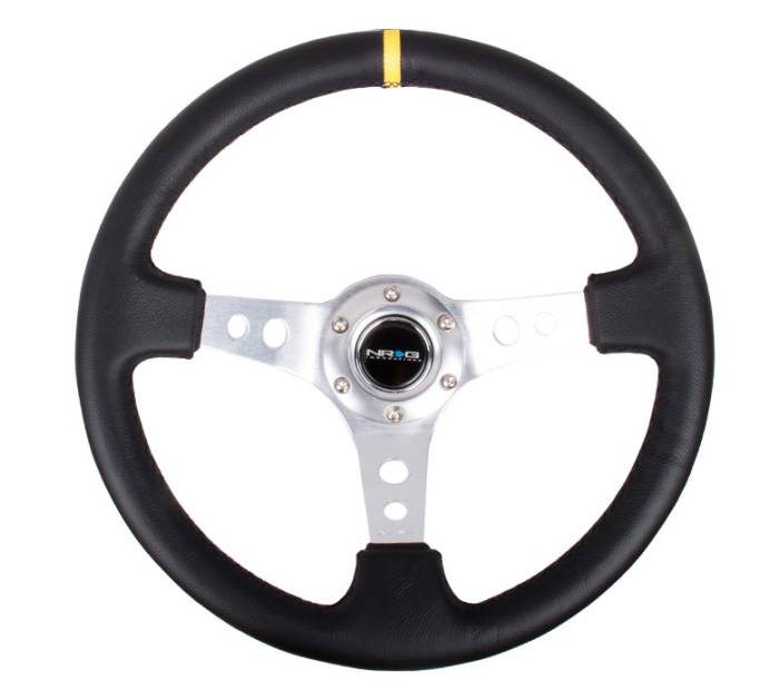 NRG Innovations - NRG Innovations 350mm Steering Wheel (3" Deep) - Silver Spoke w/ Black Leather and Yellow Stripe