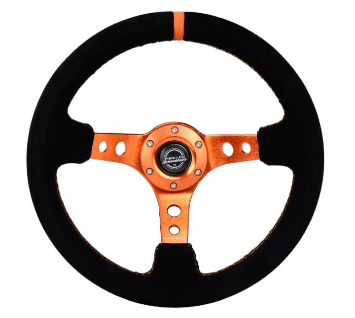 NRG Innovations - NRG Innovations 350mm Steering Wheel (3" Deep) - Orange Spoke w/ Black Suede and Orange Stripe