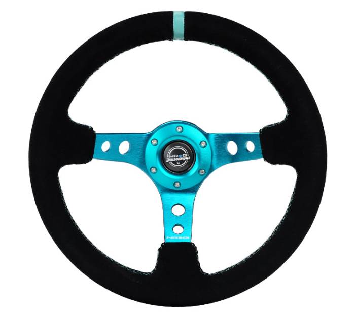NRG Innovations - NRG Innovations 350mm Steering Wheel (3" Deep) - Teal Spoke w/ Black Suede and Teal Stripe