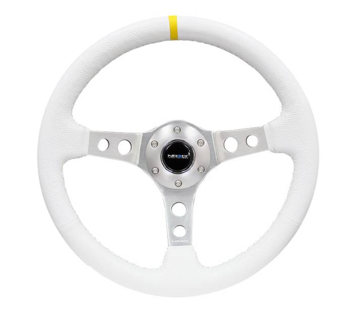 NRG Innovations - NRG Innovations 350mm Steering Wheel (3" Deep) - Silver Spoke w/ White Leather and Yellow Stripe