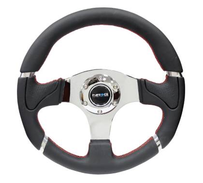NRG Innovations - NRG Innovations 320mm Steering Wheel - Black Leather / Red Stitching w/ Chrome 3-Spoke Center
