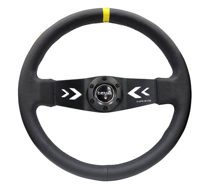 NRG Innovations - NRG Innovations Steering Wheel (350mm / 3in. Deep) Black Leather w/ NRG Arrow-Cut 2-Spoke & Sgl Yellow CM