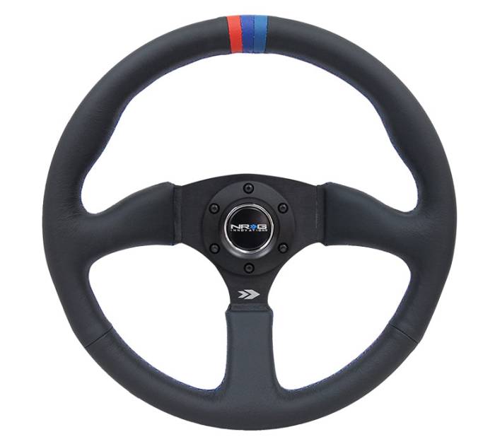 NRG Innovations - NRG Innovations 350mm Sport Leather Racing ( 2.5" Deep) Comfort Grip, 4mm matte black spoke with m3 stitching and line