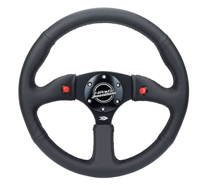 NRG Innovations - NRG Innovations 350mm Sport Leather Racing ( 2.5" Deep) Comfort Grip, 4mm matte black spoke with Leather finish and dual button