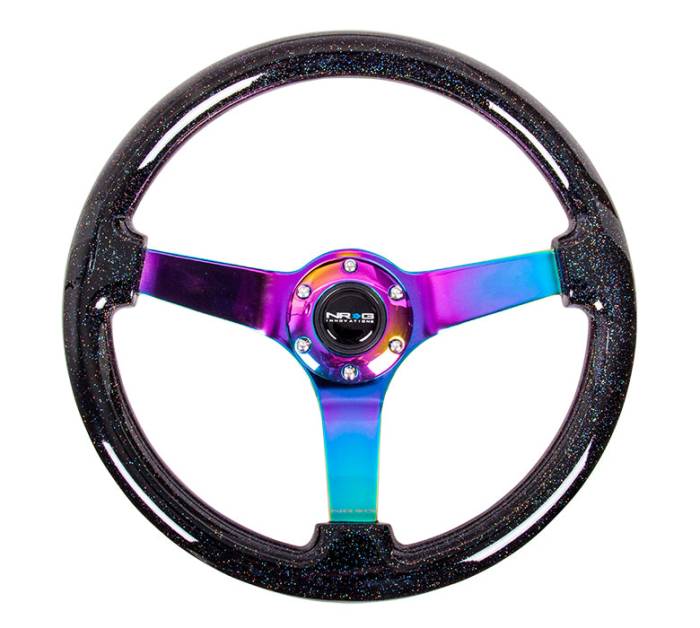 NRG Innovations - NRG Innovations Steering Wheel (350mm / 3in. Deep) Classic Black Sparkle w/ 4mm Neochrome 3-Spoke Center