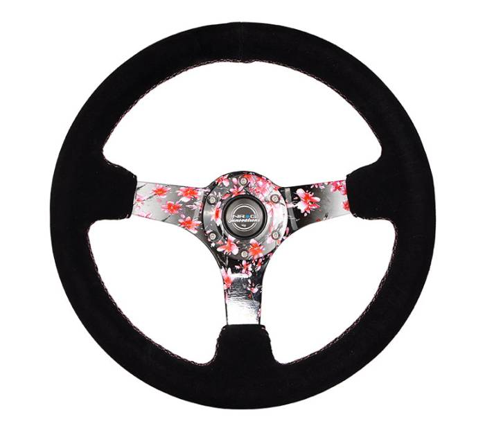 NRG Innovations - NRG Innovations Steering Wheel (350mm / 3in. Deep) Deep Pink Sakura Floral Solid Spoke - Black Suede/Stitch