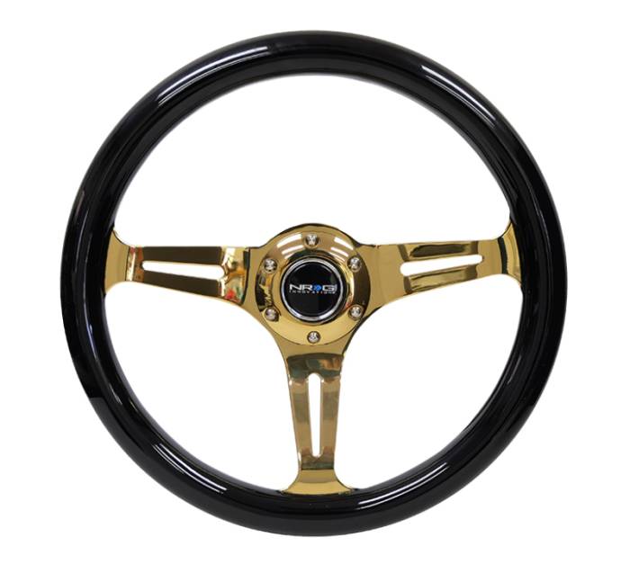 NRG Innovations - NRG Classic Wood Grain Steering Wheel (350mm) Black Grip w/Chrome Gold 3-Spoke Center