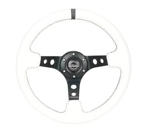 NRG Innovations - NRG Innovations 350mm Steering Wheel (3" Deep) - Black Spoke w/ White Leather / White Stripes - Image 1
