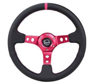 NRG Innovations - NRG Innovations 350mm Steering Wheel (3" Deep) - Fushia Spoke w/ Black Leather and Fushia Stripe - Image 1
