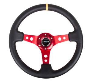 NRG Innovations - NRG Innovations 350mm Steering Wheel (3" Deep) - Red Spoke w/ Black Leather and Yellow Stripe - Image 1