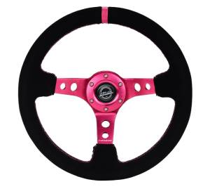 NRG Innovations - NRG Innovations 350mm Steering Wheel (3" Deep) - Fushia Spoke w/ Black Suede and Fushia Stripe - Image 1