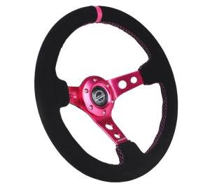 NRG Innovations - NRG Innovations 350mm Steering Wheel (3" Deep) - Fushia Spoke w/ Black Suede and Fushia Stripe - Image 2