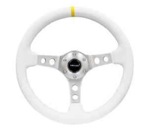 NRG Innovations - NRG Innovations 350mm Steering Wheel (3" Deep) - Silver Spoke w/ White Leather and Yellow Stripe - Image 1
