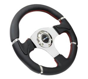 NRG Innovations - NRG Innovations 320mm Steering Wheel - Black Leather / Red Stitching w/ Chrome 3-Spoke Center - Image 2