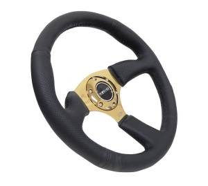 NRG Innovations - NRG Innovations 350mm Sport Leather Racing ( 2.5" Deep) Comfort Grip 4mm metal gold spoke - Image 2