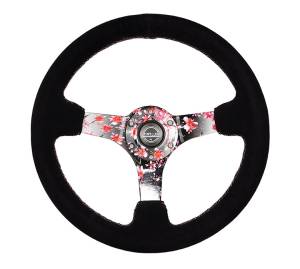 NRG Innovations - NRG Innovations Steering Wheel (350mm / 3in. Deep) Deep Pink Sakura Floral Solid Spoke - Black Suede/Stitch - Image 1