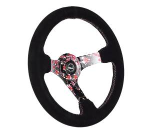NRG Innovations - NRG Innovations Steering Wheel (350mm / 3in. Deep) Deep Pink Sakura Floral Solid Spoke - Black Suede/Stitch - Image 2