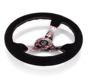 NRG Innovations - NRG Innovations Steering Wheel (350mm / 3in. Deep) Deep Pink Sakura Floral Solid Spoke - Black Suede/Stitch - Image 3