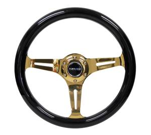 NRG Innovations - NRG Classic Wood Grain Steering Wheel (350mm) Black Grip w/Chrome Gold 3-Spoke Center - Image 1