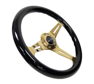 NRG Innovations - NRG Classic Wood Grain Steering Wheel (350mm) Black Grip w/Chrome Gold 3-Spoke Center - Image 2
