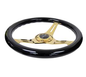 NRG Innovations - NRG Classic Wood Grain Steering Wheel (350mm) Black Grip w/Chrome Gold 3-Spoke Center - Image 3